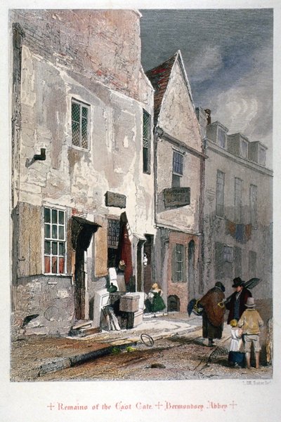 Widok na pozostałości wschodniej bramy opactwa św. Zbawiciela, Bermondsey, Londyn, 1851 autorstwa John Wykeham Archer