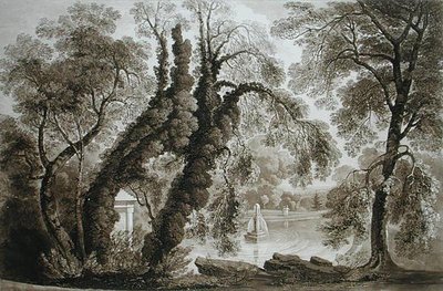 Widok na fontannę świątynną z przeciwnej strony, Sezincote, rytowany przez Fredericka Christiana Lewisa seniora. (1779-1856), ok. 1817-18 (akwatinta w sepii) (patrz także 171661) autorstwa John after Martin