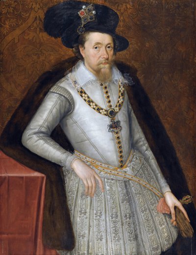 Jacques VI et Ier - Jacques Stuart - Portret króla Anglii Jakuba I (1566-1625) par. John De Critz (Decritz), Starszy (1551/2-1642), początek XVII w. - Olej na drewnie autorstwa John de Critz