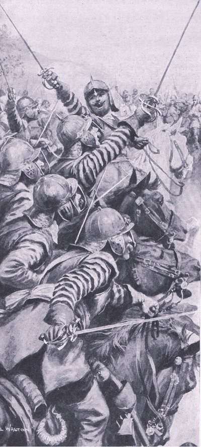 Zaangażowanie kawalerii w bitwie pod Edgehill, 23 października 1642, ilustracja z brytyjskich bitew lądowych i morskich, 1915 autorstwa John de Walton