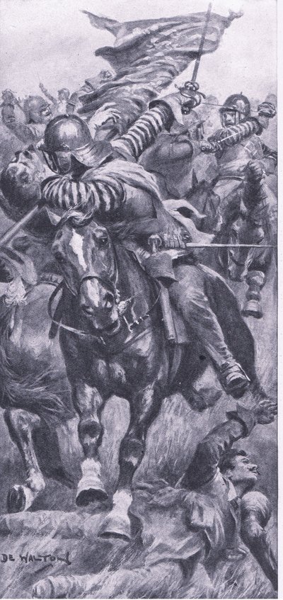 Porucznik John Smith odbiera sztandar królewski w Edgehill, 23 października 1642, ilustracja z brytyjskich bitew na lądzie i morzu, 1915 autorstwa John de Walton