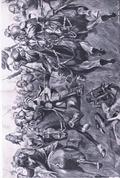 Marston Moor, 2 lipca 1644: Szkocka kawaleria pod dowództwem Leslie, atakująca flankę księcia Ruperta, ilustracja z brytyjskich bitew na lądzie i morzu, 1915 autorstwa John de Walton