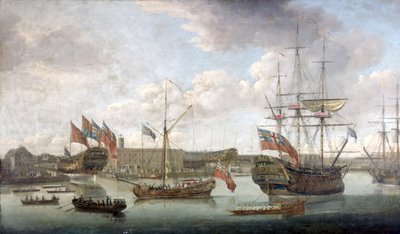 Wodowanie w Deptford Dockyard, ok. 1750 autorstwa John the Elder Cleveley