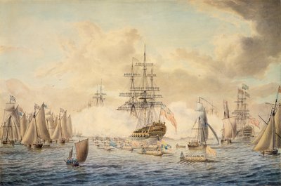Jerzy III dokonujący przeglądu floty w Spithead, 22 czerwca 1773 r., przedstawiający HMS "Royal Oak autorstwa John the Younger Cleveley