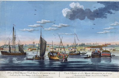 Widok doków królewskich w Woolwich, na lewym brzegu Tamizy (Anglia), w hrabstwie Kent. Akwaforta w kolorach autorstwa Johna Clevely