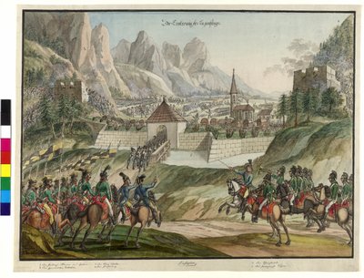Zdobycie Luziensteig przez wojska austriackie 1799 (akwarela) autorstwa Jokob Placidus Altmutter