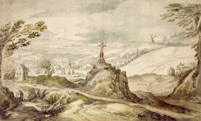 Pejzaż górski z krzyżem (długopis, pranie i toaleta na papierze) autorstwa Joos or Josse de Momper