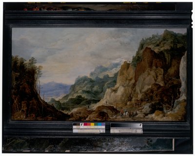 Panoramiczny górzysty krajobraz z czeladnikami dającymi biednym, a za nimi juczne konie autorstwa Joos or Josse de The Younger Momper