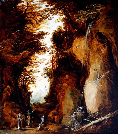 Alpejski krajobraz z podróżnikami (olej na panelu) autorstwa Joos or Josse de The Younger Momper
