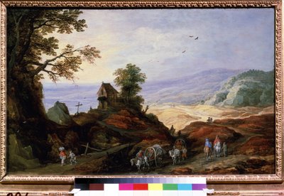 Krajobraz z kaplicą na wzgórzu. Chłopi na pługach chodzą po drogach. Obraz Joosa de Mompera Le Jeune (1564-1635), około 1608-1610. Sztuka flamandzka. Olej na drewnie. Muzeum Sztuk Pięknych im. Puszki autorstwa Joos or Josse de The Younger Momper