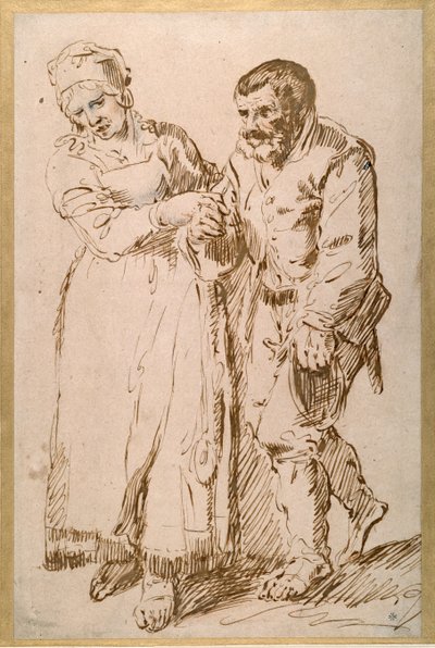 Kroki starszego chłopa prowadzonego przez żonę (pióro i atrament z kredą na papierze) autorstwa Joos van (attr. to) Craesbeeck