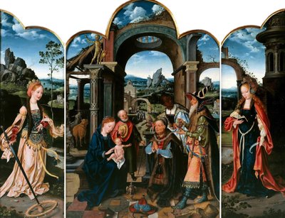 Niderlandzki: św. Katarzyna (po lewej); Pokłon Trzech Króli (w środku); św. Barbara (po prawej) Pokłon Trzech Króli z Zygmuntem Polakiem autorstwa Joos van Cleve