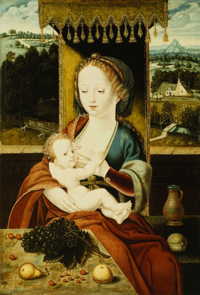 Madonna z Dzieciątkiem, siedząc pod baldachimem, przy stole z owocami, w krajobrazie, autorstwa Joos van Cleve