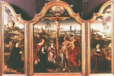 Tryptyk: Ukrzyżowanie w otoczeniu klęczących Darczyńców (olej) autorstwa Joos van Cleve
