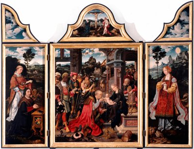 Tryptyk Adoracji Trzech Króli. Obraz na drewnie – Joos Van Cleve młody (1485-1540) 1515 Wym. 260x200 cm Geny, kościół San Donato autorstwa Joos van Cleve