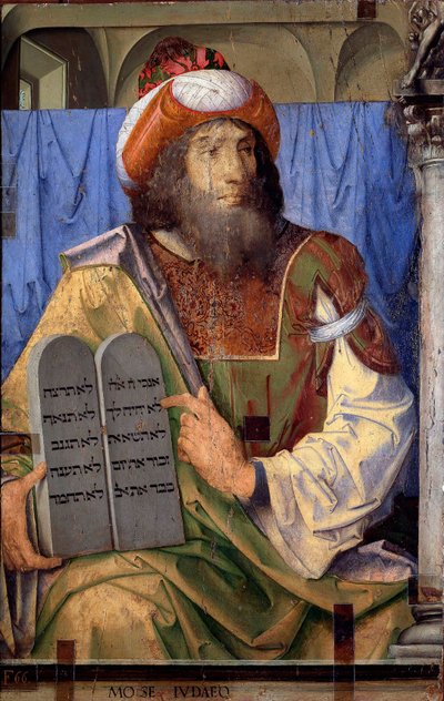 Portrety wybitnych ludzi: Mojżesz i tablice prawa. Obraz Joosa van Wassenhove (lub Justus van Gent znany również jako Josse lub Jodocus z Gandawy lub Giusto di Ghent lub Juste de Ghent, działający w latach 1460-1475). Malowanie na drewnie. Wymiary: 74 x 11 autorstwa Joos van Gent (fl.1460 75)