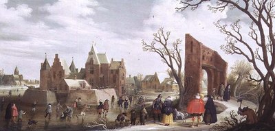 Łyżwiarze w zimowym krajobrazie autorstwa Joost Cornelisz. Droochsloot