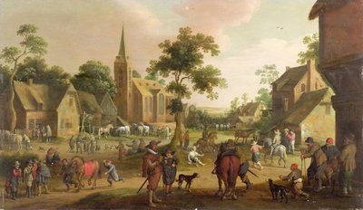 Wędrowcy, żebracy i końscy gliniarze w wiosce autorstwa Joost Cornelisz. Droochsloot