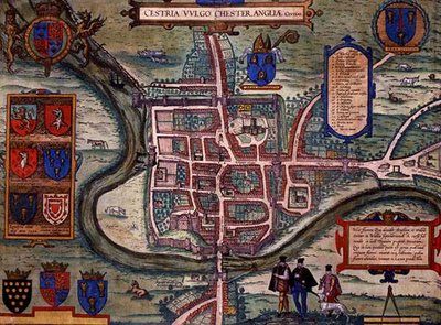 Mapa Chester z „Civitates Orbis Terrarum” Georga Brauna (1541-1622) i Fransa Hogenberga (1535-90) c.1572-1617 (kolorowa rycina) autorstwa Joris (after) Hoefnagel