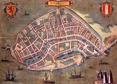 Mapa Dordrechtu z „Civitates Orbis Terrarum” Georga Brauna (1541-1622) i Fransa Hogenburga (1535-90), ok.1572 (kolorowa rycina) autorstwa Joris (after) Hoefnagel