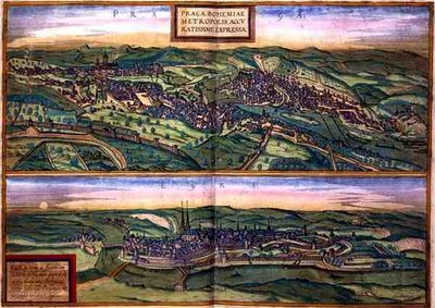 Mapa Pragi i Egg z „Civitates Orbis Terrarum” Georga Brauna (1541-1622) i Fransa Hogenberga (1535-90), ok.1572 (kolorowa rycina) autorstwa Joris (after) Hoefnagel