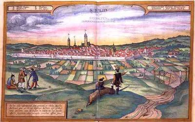 Mapa St Polten, z „Civities of the World” Georga Brauna (1541-1622) i Fransa Hogneberga (1535-90) autorstwa Joris (after) Hoefnagel