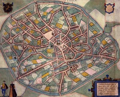 Mapa Tienen z „Civitates Orbis Terrarum” Georga Brauna (1541-1622) i Fransa Hogenberga (1535-90) c.1572-1617 (kolorowa rycina) autorstwa Joris (after) Hoefnagel