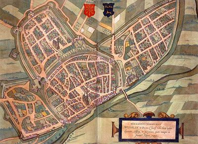 Mapa Wesel z „Civitates Orbis Terrarum” Georga Brauna (1541-1622) i Fransa Hogenberga (1535-90) c.1572-1617 (kolorowa rycina) autorstwa Joris (after) Hoefnagel