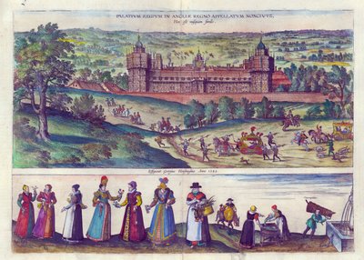 Przybycie królowej Elżbiety I do Pałacu Nonsuch oraz mężczyzn i kobiet ze społeczeństwa Tudorów, 1598 (ręcznie kolorowane miedzioryty) autorstwa Joris Hoefnagel