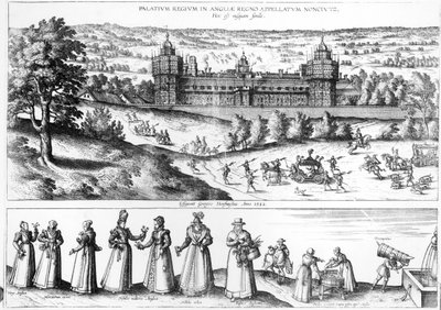Przybycie królowej Elżbiety I do Pałacu Nonsuch oraz mężczyzn i kobiet ze społeczeństwa Tudorów, 1582 autorstwa Joris Hoefnagel
