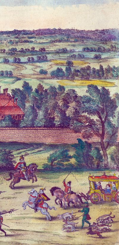 Dworzanie i psy myśliwskie towarzyszące przybyciu królowej Elżbiety I do pałacu Nonsuch, 1598 r. miedzioryt ręcznie kolorowany, detal z 324184 autorstwa Joris Hoefnagel