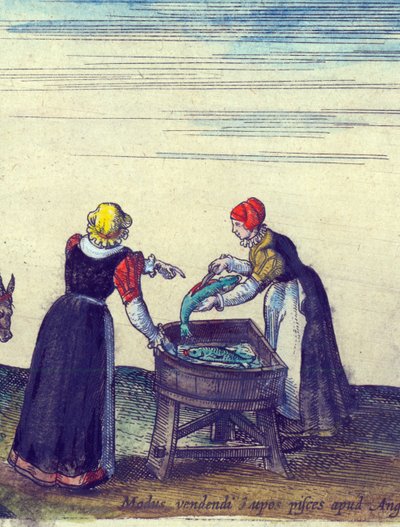 Rybaczki sprzedające i patroszące szczupaki, 1598 ręcznie kolorowany miedziany detal 324184 autorstwa Joris Hoefnagel