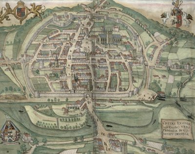 Mapa Exeter, z „Civitates Orbis Terrarum” Georga Brauna (1541-1622) i Fransa Hogenberga (1535-90) c.1572-1617 autorstwa Joris Hoefnagel