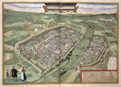 Mapa Frankfurtu z „Civitates Orbis Terrarum” Georga Brauna (1541-1622) i Fransa Hogenberga (1535-90), ok.1572 (kolorystyka) autorstwa Joris Hoefnagel