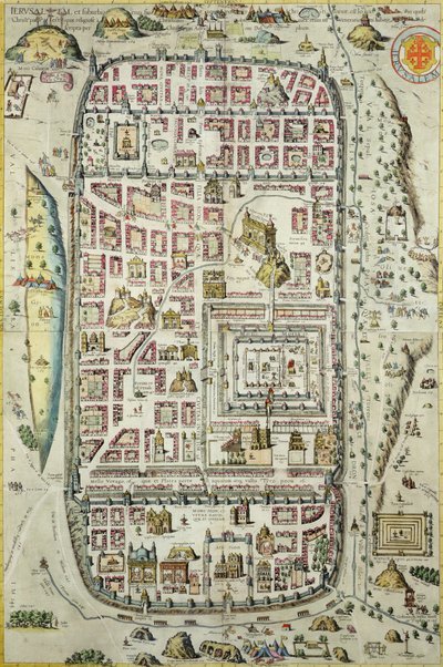 Mapa Jerozolimy i okolic, z „Civitates Orbis Terrarum” Georga Brauna (1541-1622) i Fransa Hogenberga (1535-90) c.1572-1617 (zob. 138905-96) autorstwa Joris Hoefnagel