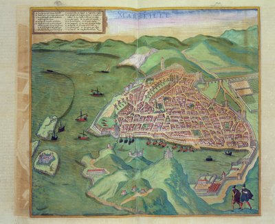 Mapa Marsylii z „Civitates Orbis Terrarum” Georga Brauna (1541-1622) i Fransa Hogenberga (1535-90), ok.1572 (kolorystyka) autorstwa Joris Hoefnagel