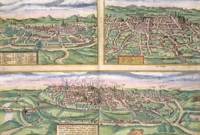 Mapa Montpellier, Tours i Poitiers, z „Civitates Orbis Terrarum” Georga Brauna (1541-1622) i Fransa Hogenberga (1535-90), ok. 1572 autorstwa Joris Hoefnagel