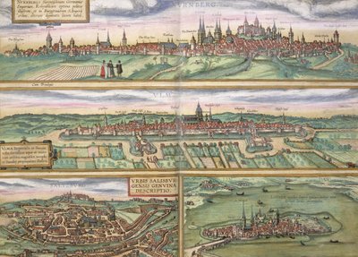Mapa Norymbergi, Ulm i Saltzburga z „Civitates Orbis Terrarum” Georga Brauna (1541-1622) i Fransa Hogenberga (1535-90), ok. 1572 (kolorystyka) autorstwa Joris Hoefnagel