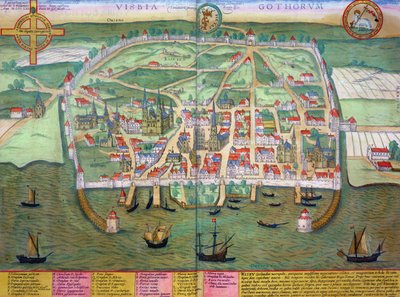 Mapa Visby, z „Civitates Orbis Terrarum” Georga Brauna (1541-1622) i Fransa Hogenberga (1535-90) c.1572-1617 autorstwa Joris Hoefnagel