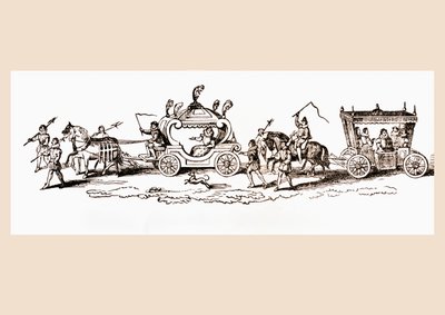 Królowa Anglii Elżbieta I w swoim autokarze, z „Historii pałacu Hampton Court w czasach Tudorów” Ernesta Law, opublikowanej w Londynie 1885 autorstwa Joris Hoefnagel