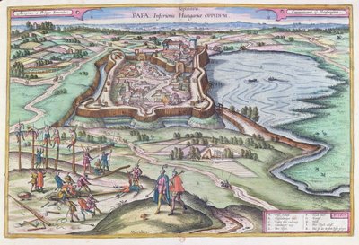 Węgierski fort Papa w czasie osmańskich oblężeń, z „Le Theatre du Monde” Georga Brauna (1541-1622) opublikowany w Kolonii 1572-1618, 1617 autorstwa Joris Hoefnagel