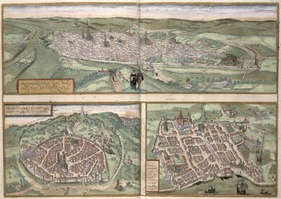 Plany miasta Rouen, Nimes i Bordeaux, z „Civitates Orbis Terrarum” Georga Brauna (1541-1622) i Fransa Hogenberga (1535-90), ok. 1572 autorstwa Joris Hoefnagel