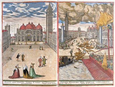 Wenecja, Włochy: kościół św. Marka i pożar pałacu weneckich Dożów w 1577 r. (rysunek autorstwa Joris Hoefnagel
