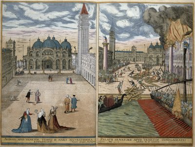 Widok na San Marco i Palazzo Ducale w ogniu, z "Civitates Orbis Terrarum" Georga Brauna (1541-1622) i Fransa Hogenberga (1535-90) 1578 autorstwa Joris Hoefnagel