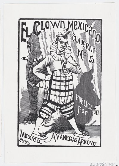Klaun stojący z jedną ręką na biodrze i słoń spoglądający z tyłu..., ok. godz. 1880-1910. autorstwa José Guadalupe Posada