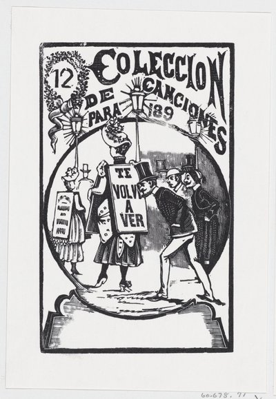 Mężczyzna schyla się, by spojrzeć na kobietę ze znakiem na plecach, ilustracja do „…, ca. 1890. autorstwa José Guadalupe Posada