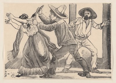 Mężczyzna chwyta kobietę za rękaw i dźga ją nożem z burty zatytułowanej „Murd…”, 1891. autorstwa José Guadalupe Posada
