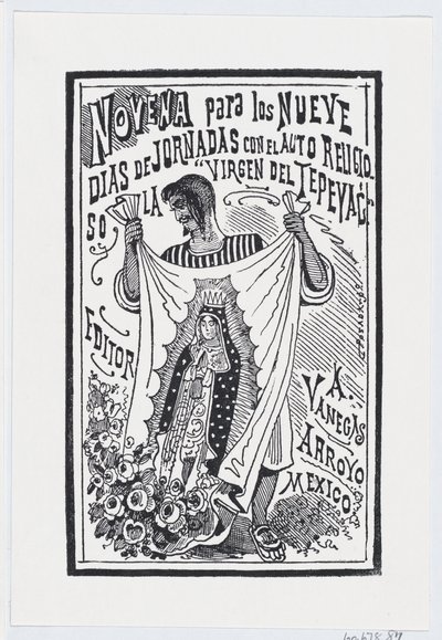 Mężczyzna trzymający kawałek materiału z wizerunkiem Matki Boskiej, ilustracja do ..., ca. 1880-1910. autorstwa José Guadalupe Posada
