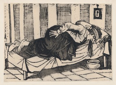 Mężczyzna pochylający się nad łóżkiem wymiotujący z burty zatytułowanej „Śmierć Aurelio…, 1892. autorstwa José Guadalupe Posada