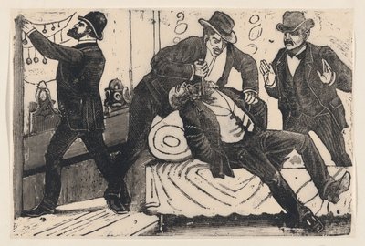 Mężczyzna wbija nożem innego mężczyznę w klatkę piersiową, podczas gdy jego współpracownicy plądrują sklep, z..., ca. 1890-1891. autorstwa José Guadalupe Posada